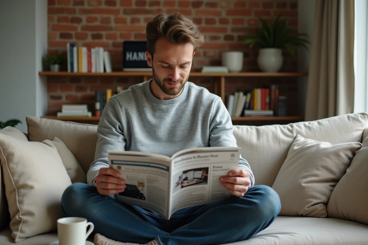 Homme comparant plusieurs revues business et abonnements numériques depuis son bureau à domicile