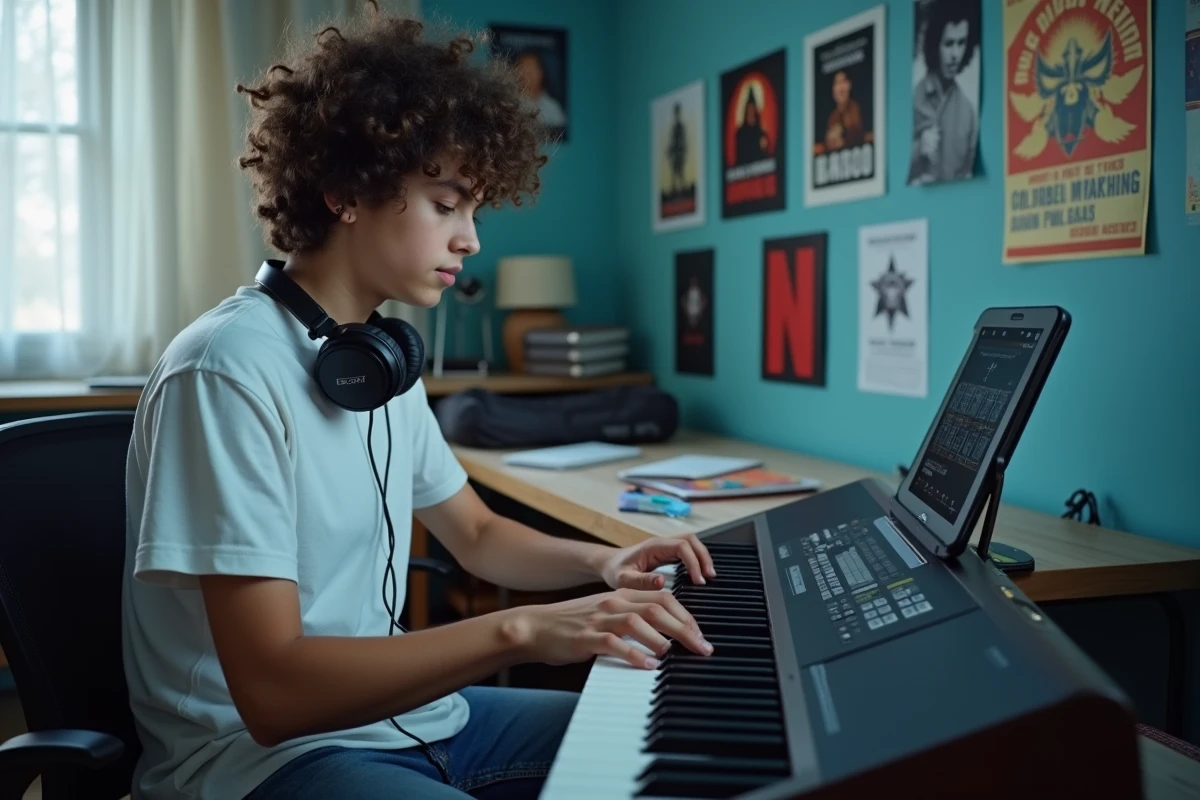 Adolescent apprenant le piano numérique sans solfège par imitation avec un smartphone comme guide visuel dans sa chambre