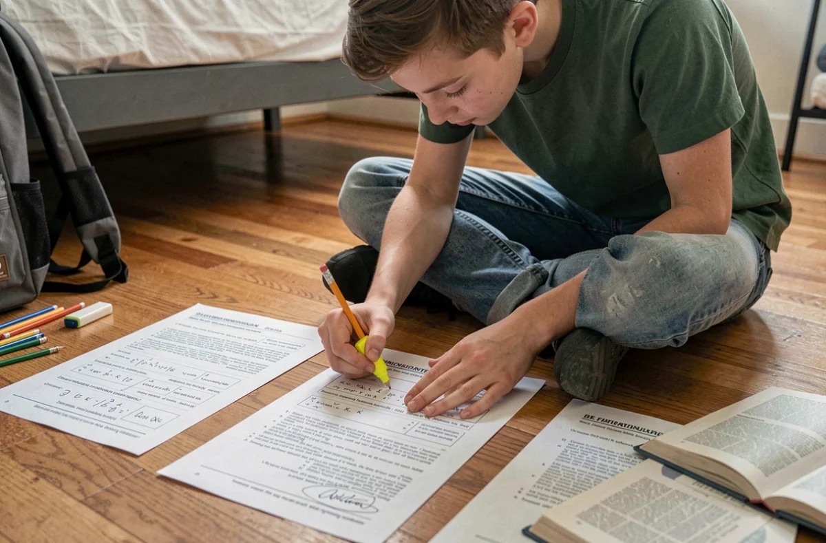 Adolescent corrigeant des exercices de ponctuation sur des feuilles imprimées posées sur le sol de sa chambre