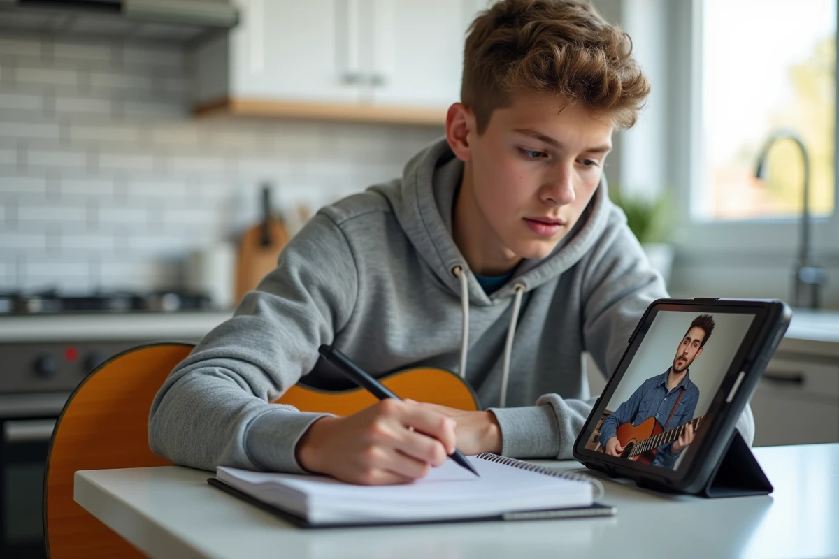 Adolescent prenant des notes pendant un cours de guitare en ligne avec suivi personnalisé depuis la cuisine familiale