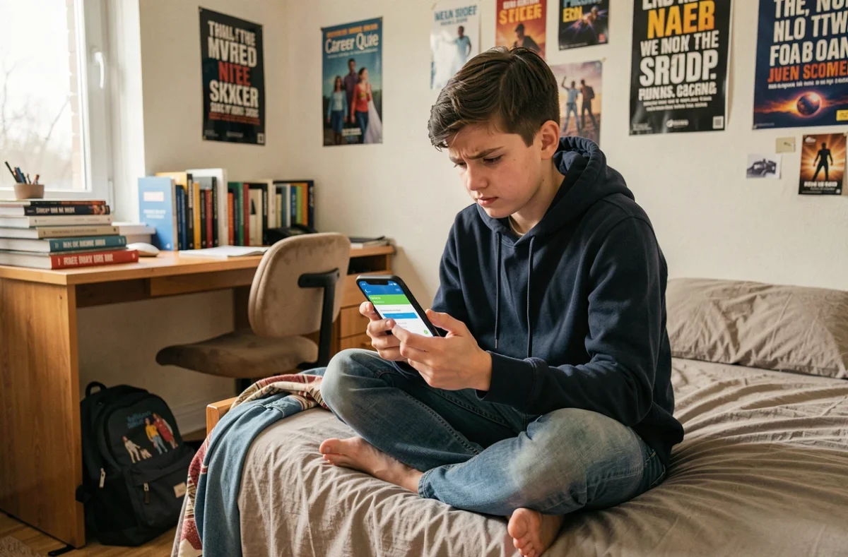 Adolescent sceptique consultant les résultats du test d'orientation Onisep sur son smartphone dans sa chambre