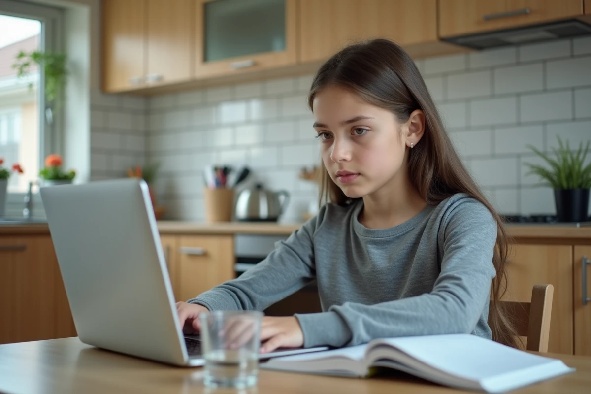 Adolescente vérifiant ses devoirs et notes scolaires sur un ordinateur portable à la maison