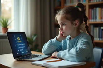 Adolescente de 15 ans concentrée sur un test de QI en ligne sur un ordinateur portable, assise à un bureau en bois dans une chambre d'étude