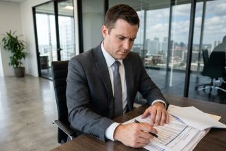 Agent immobilier en bureau moderne examinant des documents