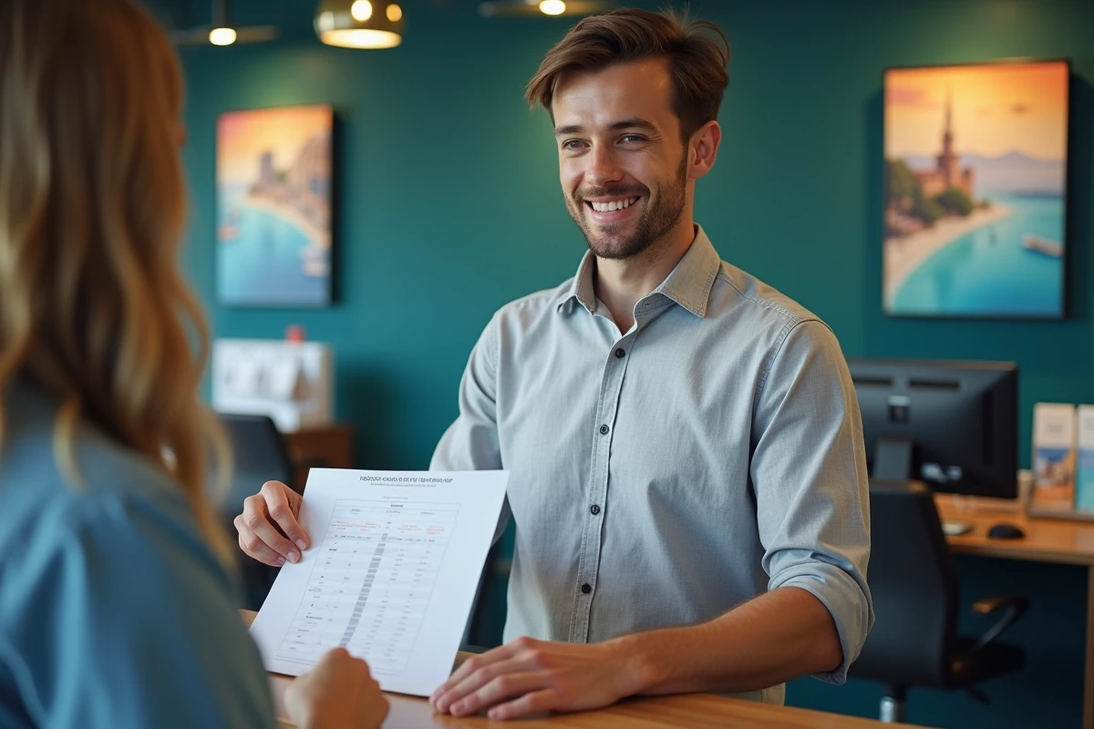 Agent de voyages masculin présentant un itinéraire de voyage à un client au comptoir d'une agence