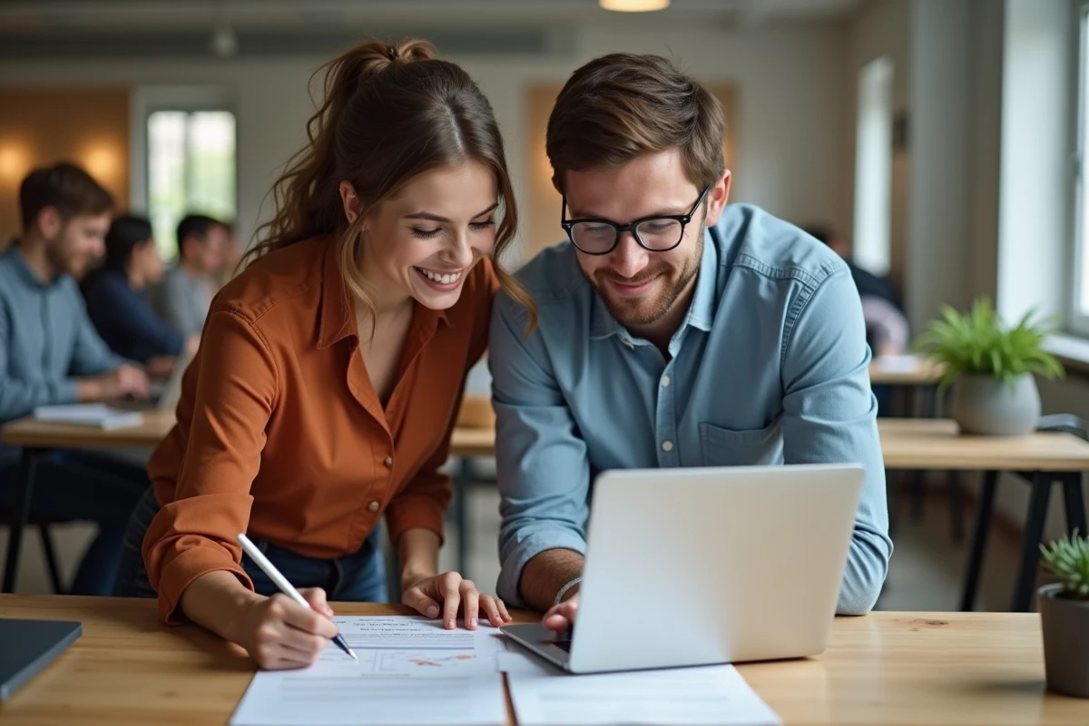 Deux alternants en marketing digital collaborant sur une campagne réseaux sociaux dans un espace de coworking parisien