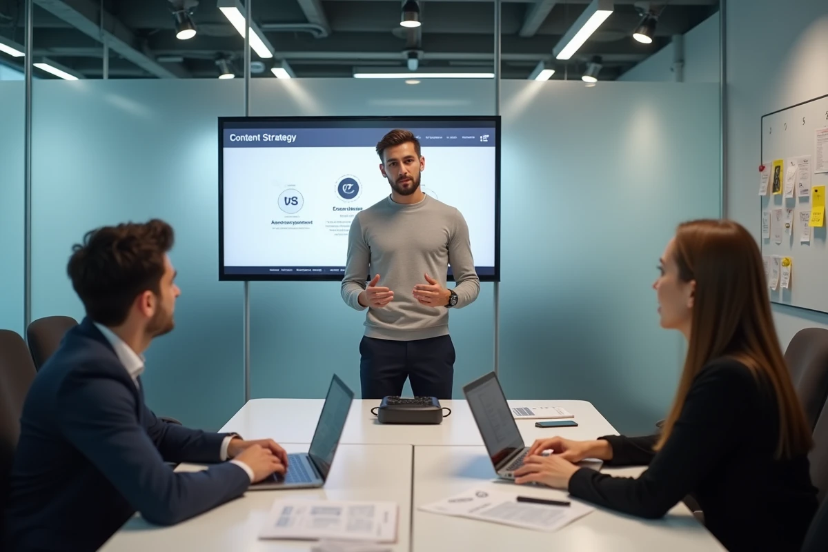 Jeune homme en alternance présentant une stratégie de contenu digital lors d'une réunion dans une agence marketing à Paris