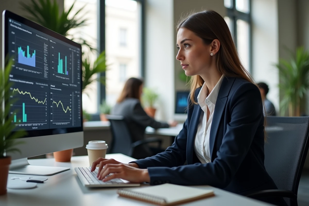 Jeune femme en alternance marketing digital analysant un tableau de bord analytics dans une agence parisienne moderne