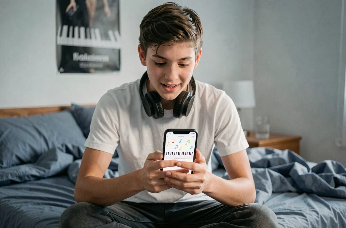 Adolescent utilisant une application mobile de piano sur smartphone dans sa chambre