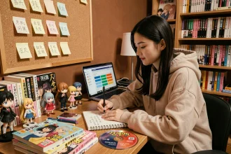 Jeune femme étudiant le japonais et le chinois entourée de mangas, figurines anime et albums K-pop sur son bureau