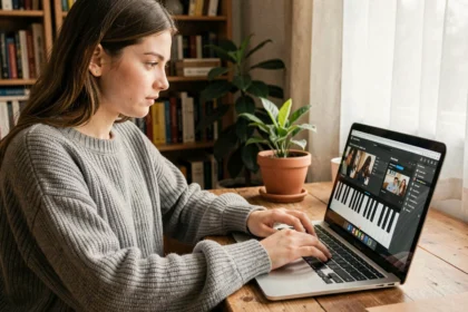 Jeune femme apprenant le piano en ligne sur un ordinateur portable depuis son bureau à domicile