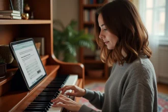 Femme apprenant le piano seule par imitation grâce à une tablette posée sur le pupitre d'un piano droit en bois