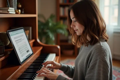 Femme apprenant le piano seule par imitation grâce à une tablette posée sur le pupitre d'un piano droit en bois
