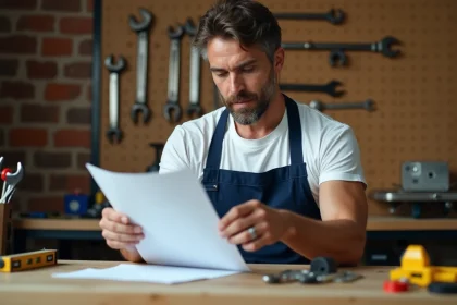 Artisan bricoleur tenant son certificat de formation CPF dans un atelier de bricolage bien organisé