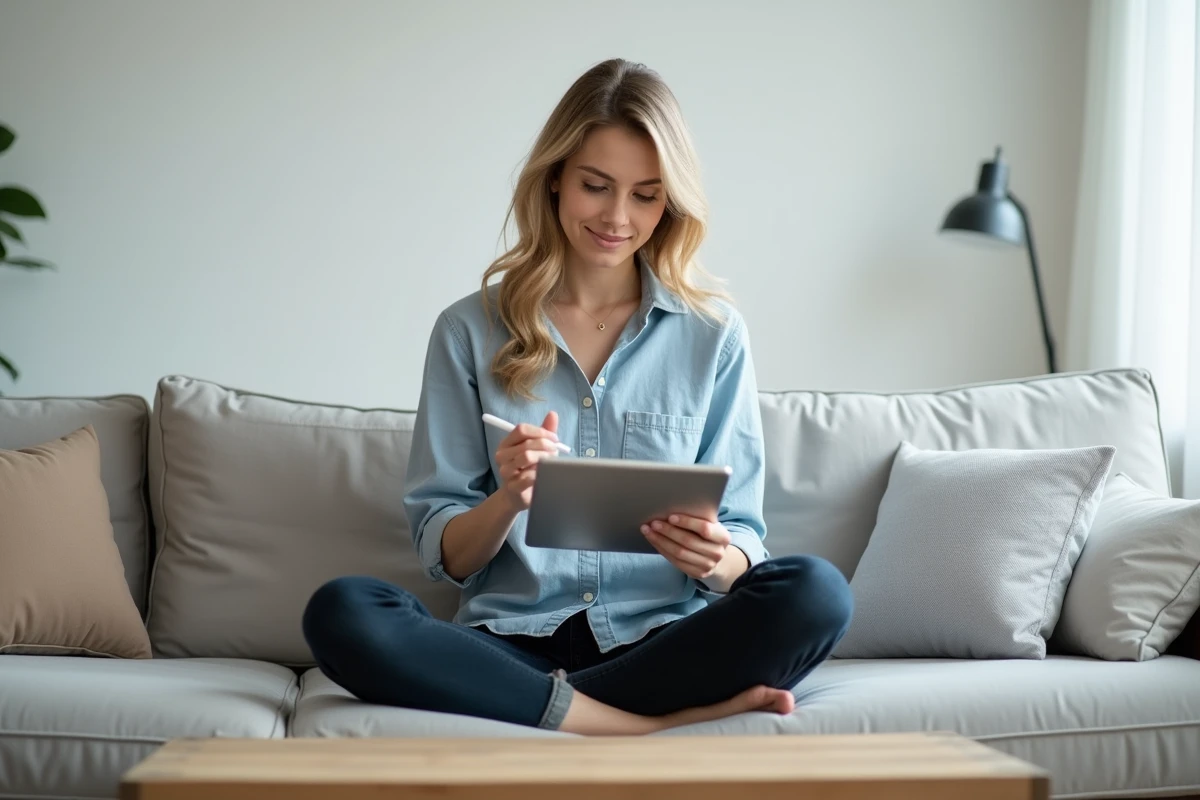 Femme travaillant comme assistante digitale freelance sur une tablette depuis son salon moderne