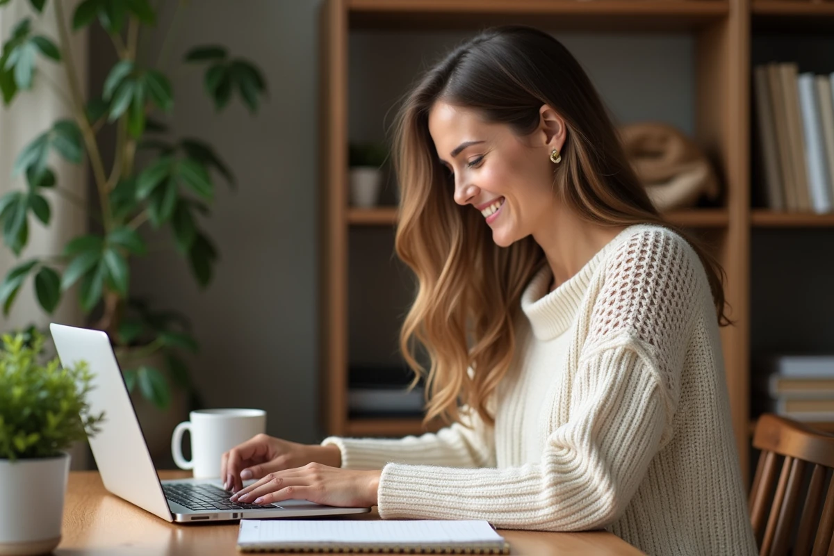 Assistante digitale travaillant depuis son bureau à domicile sur un ordinateur portable avec un carnet de notes