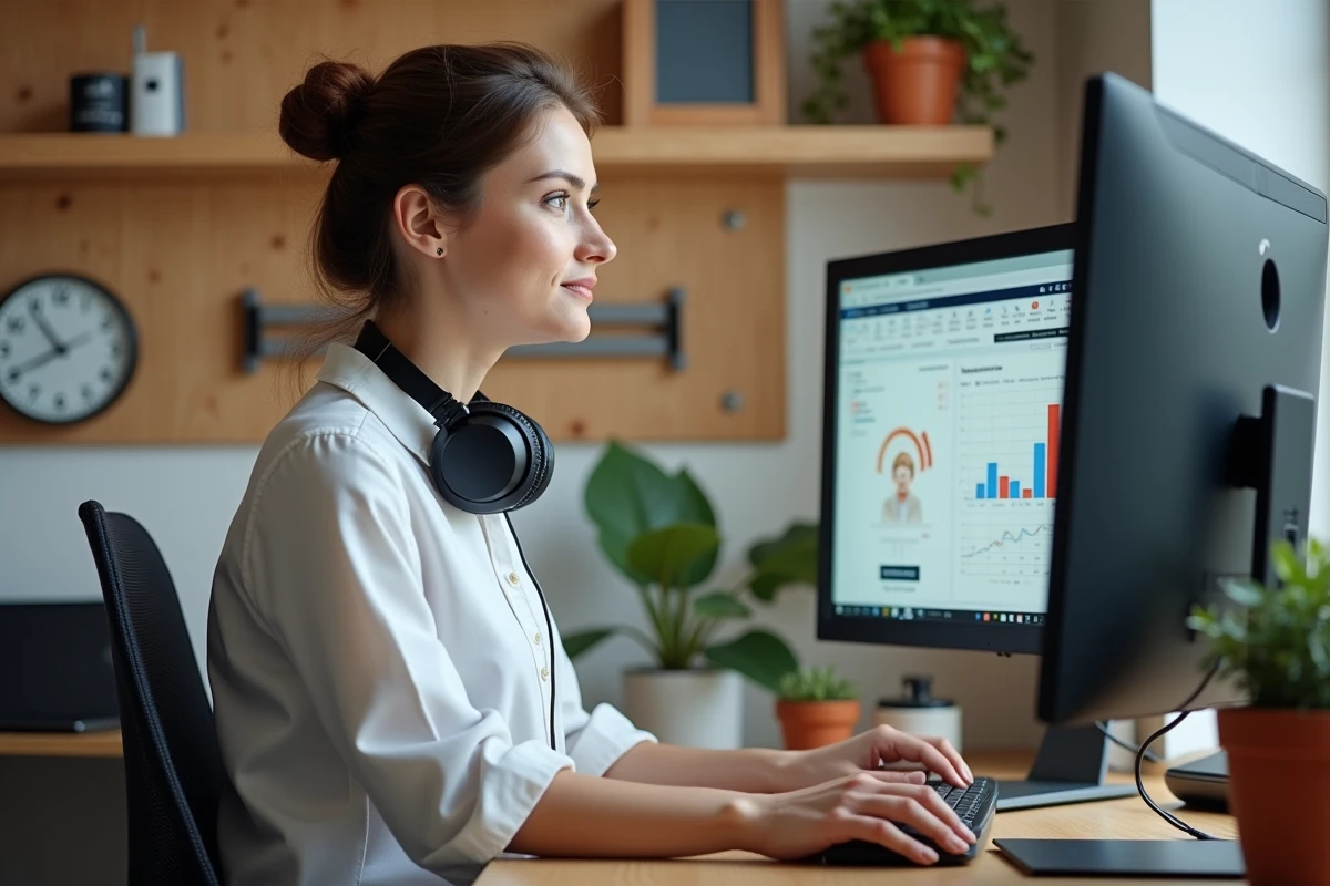 Assistante virtuelle professionnelle travaillant sur deux écrans dans un espace bureau organisé à la maison