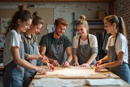 Étudiants en atelier de design textile autour d'une table
