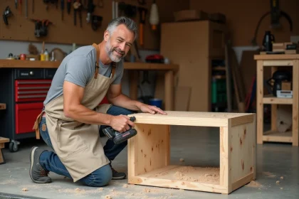 Homme bricoleur en tablier de travail examinant une étagère en bois qu'il vient de construire dans un atelier garage, tenant une perceuse sans fil