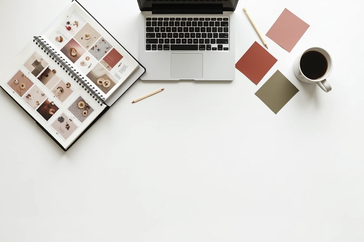 Bureau organisé avec ordinateur Canva et carnets de formation pour créer un feed Instagram harmonieux