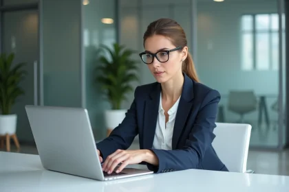 Candidate en entreprise passant un test de QI en ligne sur ordinateur lors d'un processus de recrutement