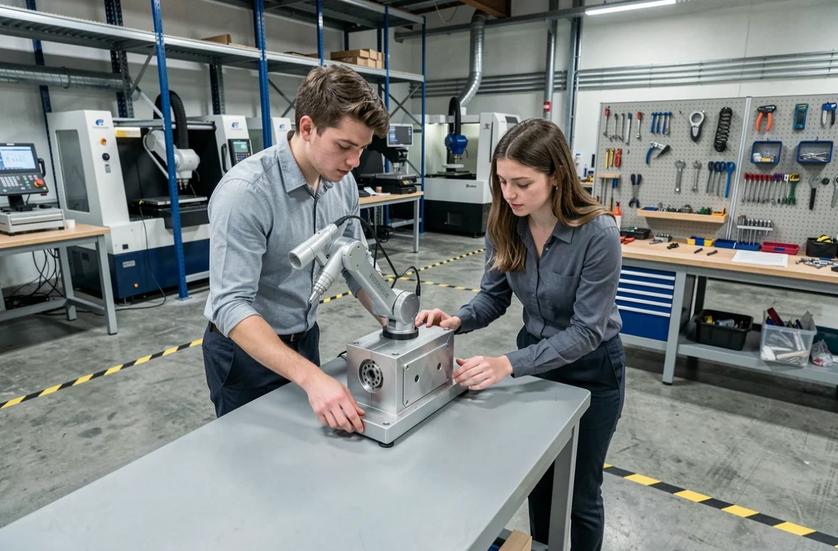 Deux étudiants assemblant un prototype robotique dans un atelier d'ingénierie de CentraleSupélec