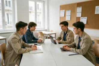 Groupe d'étudiants en formation professionnelle dans un centre de formation de l'Aisne, travaillant en atelier collaboratif autour d'une table moderne