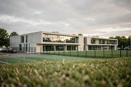 Nouvelles infrastructures du centre de formation de l'Olympique de Marseille en 2026, vue extérieure des bâtiments modernes et des terrains d'entraînement