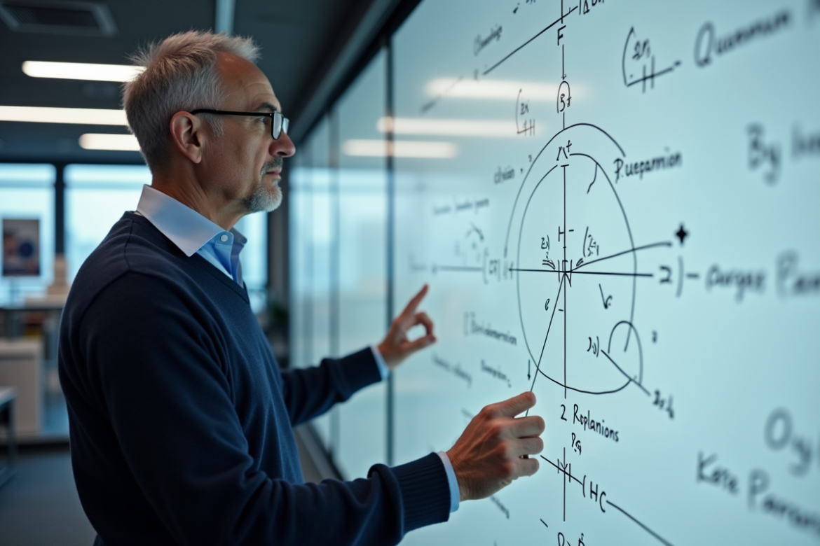 Chercheur en laboratoire avec équations quantiques