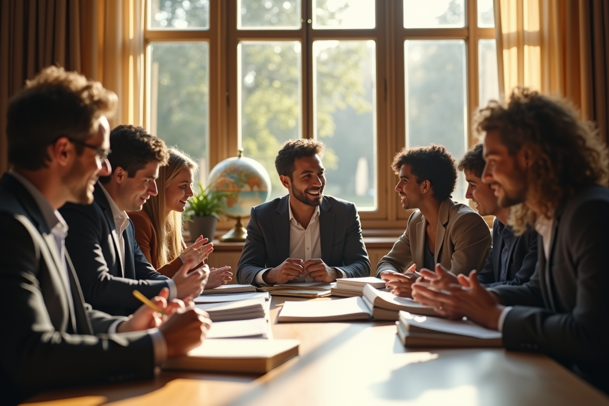Groupe de chercheurs discutant dans une salle lumineuse