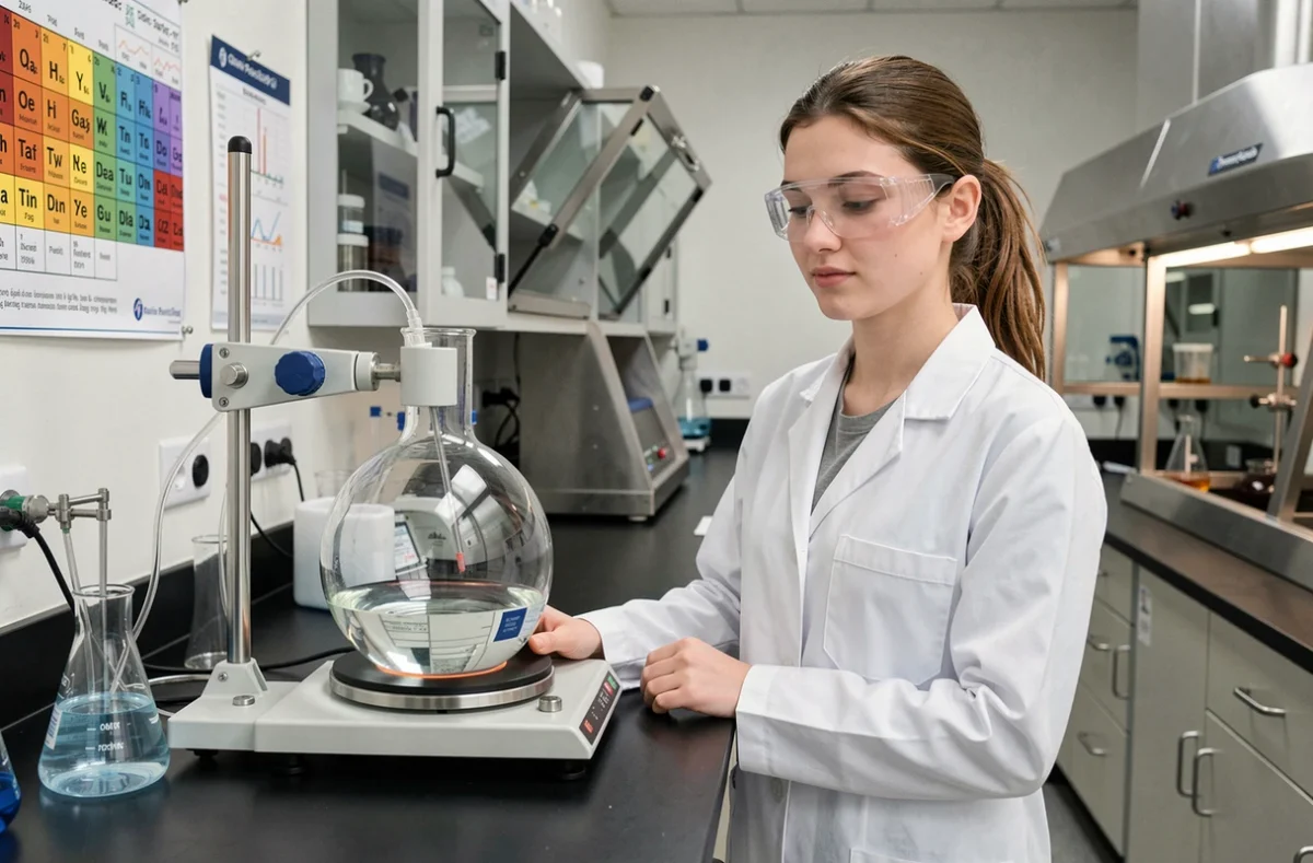 Étudiante en chimie devant un ballon de distillation dans un laboratoire moderne de Chimie ParisTech - PSL