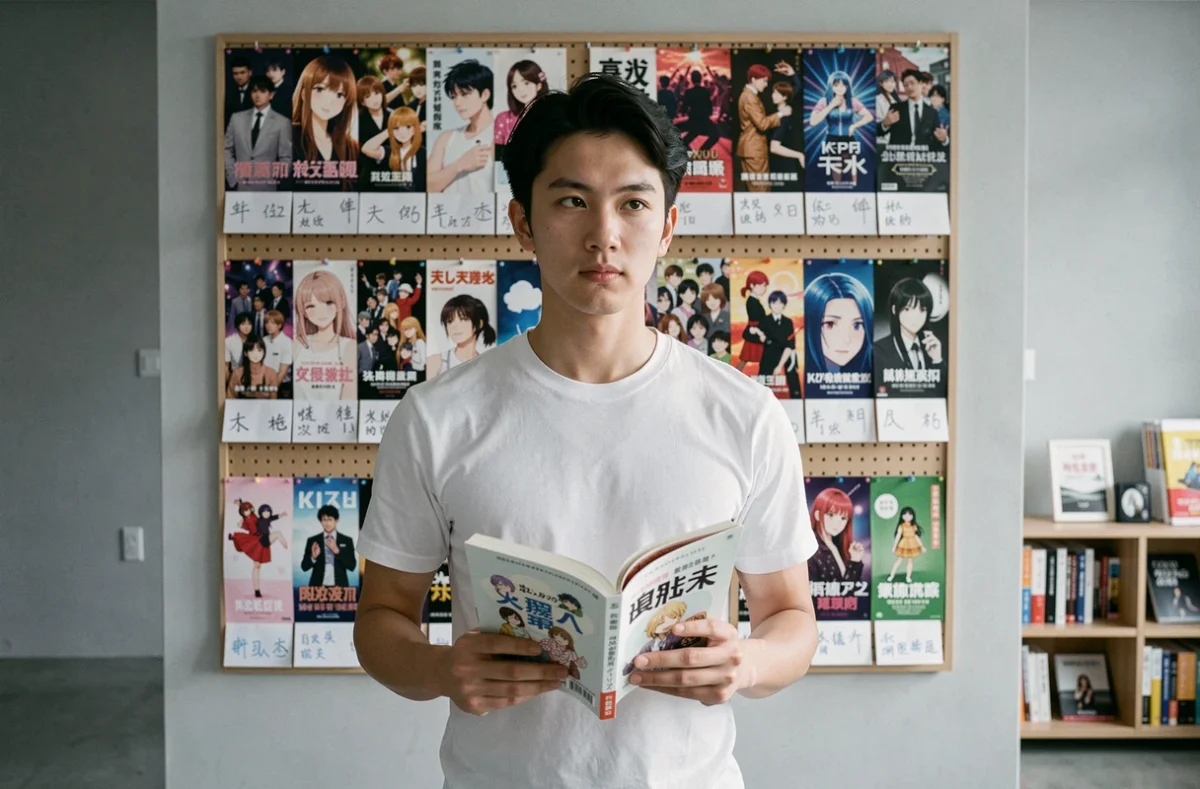 Jeune homme hésitant entre apprendre le japonais et le chinois, tenant un manga et un manuel devant un mur de posters anime et K-pop