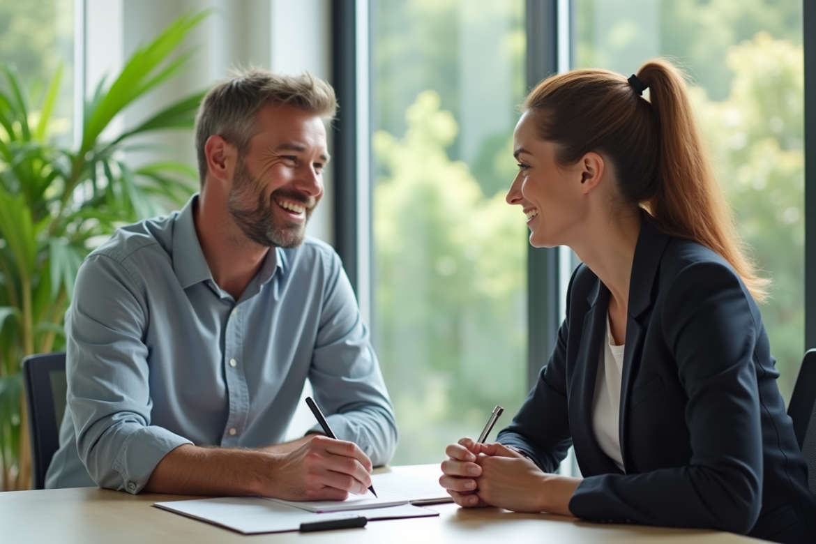 Coach et client en discussion dans un bureau lumineux