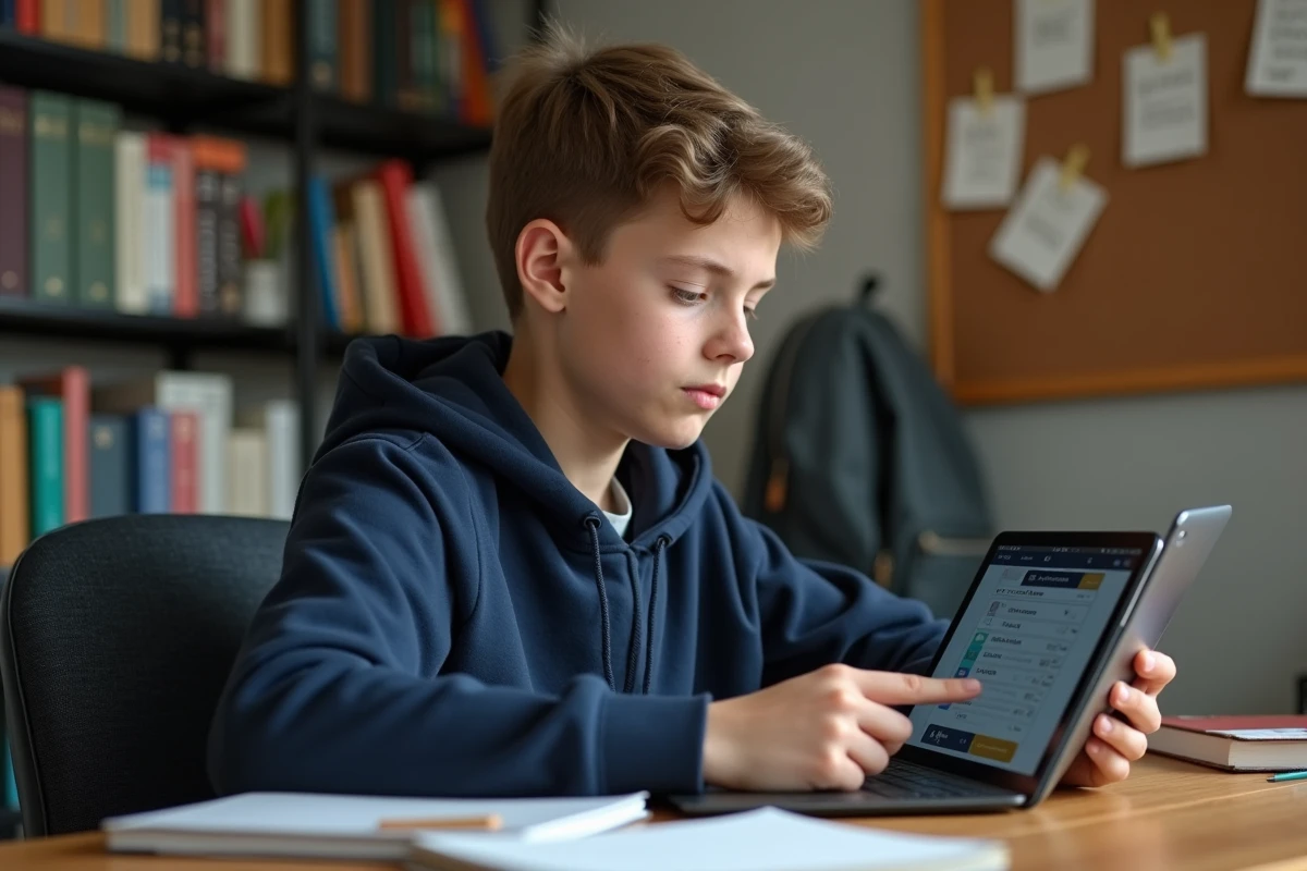Collégien consultant son emploi du temps scolaire sur une tablette numérique dans sa chambre