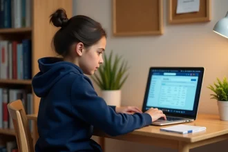 Collégienne du Loiret utilisant l'ENT scolaire sur un ordinateur portable pour consulter ses notes et devoirs en 2026