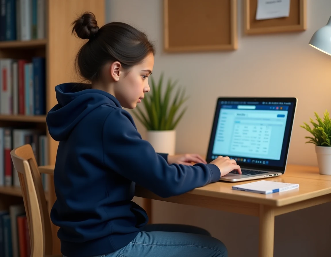 Collégienne du Loiret utilisant l'ENT scolaire sur un ordinateur portable pour consulter ses notes et devoirs en 2026