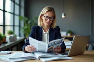 Femme professionnelle comparant des abonnements à des revues business sur un bureau moderne en 2026
