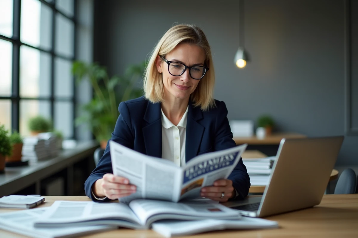 Femme professionnelle comparant des abonnements à des revues business sur un bureau moderne en 2026