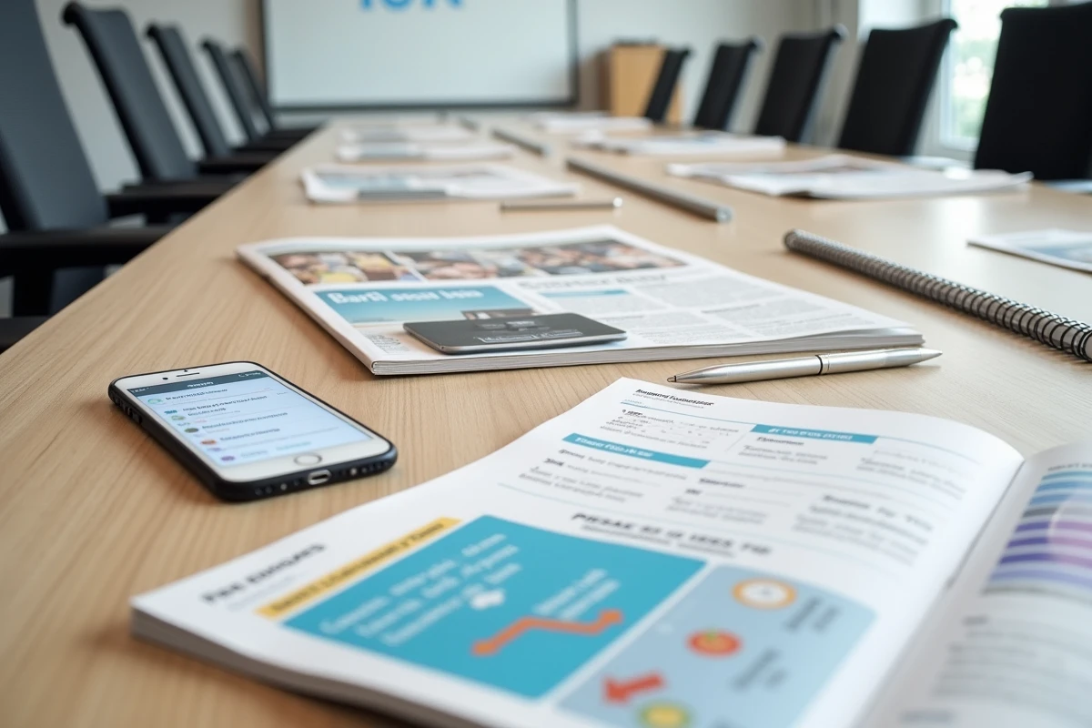 Vue aérienne d'un comparatif de magazines business et d'abonnements posés sur une table de réunion professionnelle