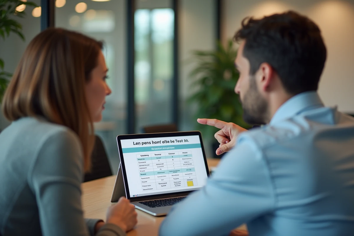 Deux professionnels comparant des options de tests de QI en ligne sur un ordinateur portable au bureau