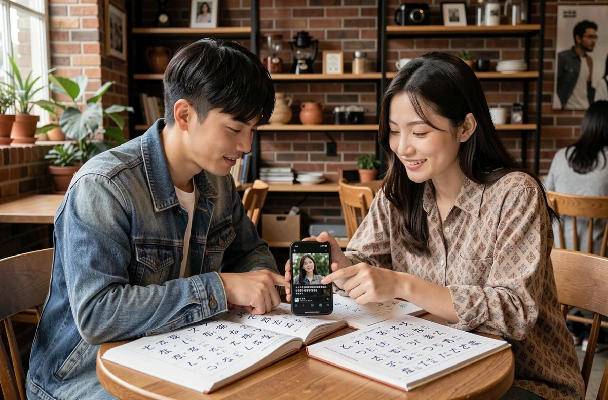 Deux amis comparant des manuels de japonais et de chinois dans un café en regardant un drama coréen sur smartphone