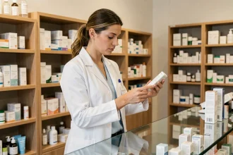 Parapharmacienne professionnelle examinant un produit cosmétique derrière le comptoir d'une parapharmacie moderne