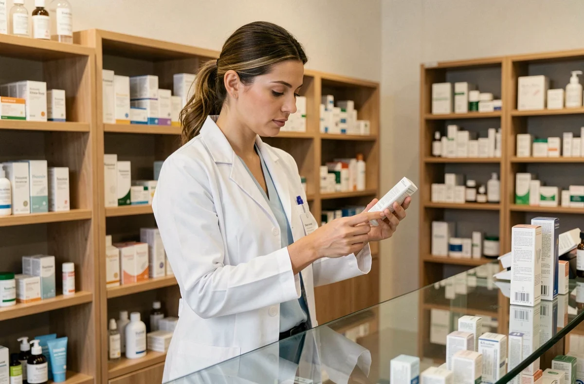 Parapharmacienne professionnelle examinant un produit cosmétique derrière le comptoir d'une parapharmacie moderne