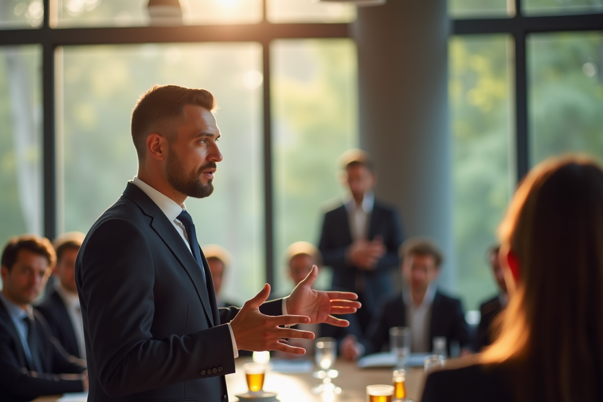 Professionnel confiant parlant à une audience en réunion