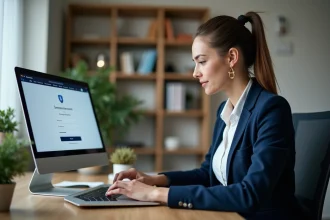 Femme professionnelle se connectant à l'espace personnel Afpa Metisse sur un ordinateur portable au bureau