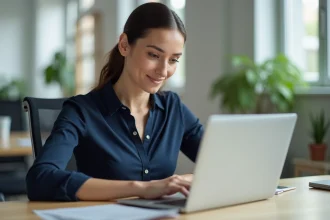Femme connectée à son espace Arena Versailles sur un ordinateur portable dans un bureau moderne