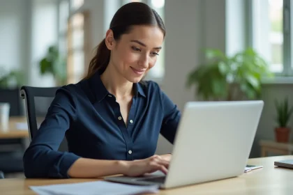 Femme connectée à son espace Arena Versailles sur un ordinateur portable dans un bureau moderne