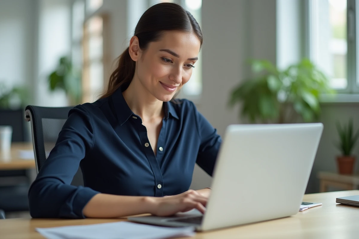 Femme connectée à son espace Arena Versailles sur un ordinateur portable dans un bureau moderne