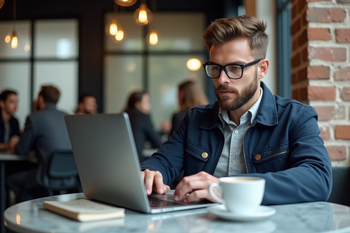 Homme accédant à l'ENT de l'université Clermont Auvergne hors campus depuis un café avec son ordinateur portable