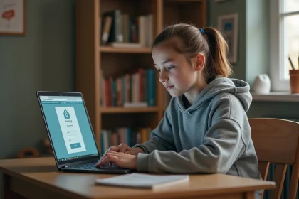 Adolescente se connectant à l'ENT scolaire depuis son bureau à la maison sur un ordinateur portable